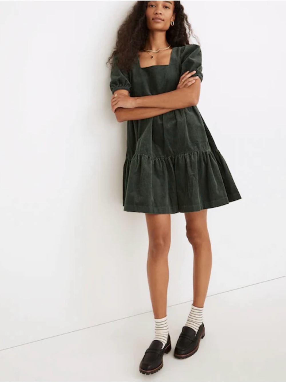 Madewell Corduroy Square-Neck Mini Dress in Forest Green